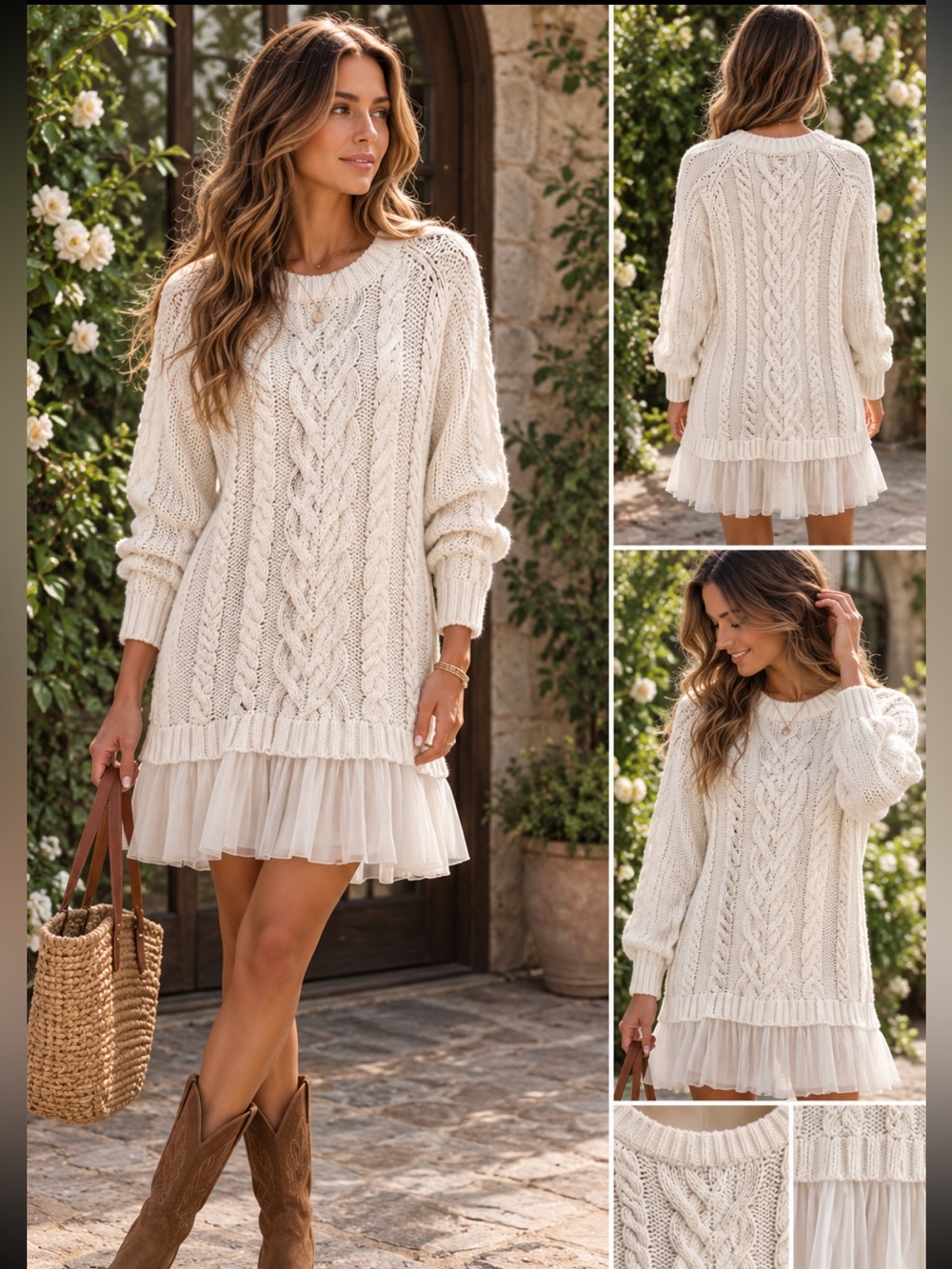 Cable Knit Sweater Dress with Tulle Hem - Cream size small new